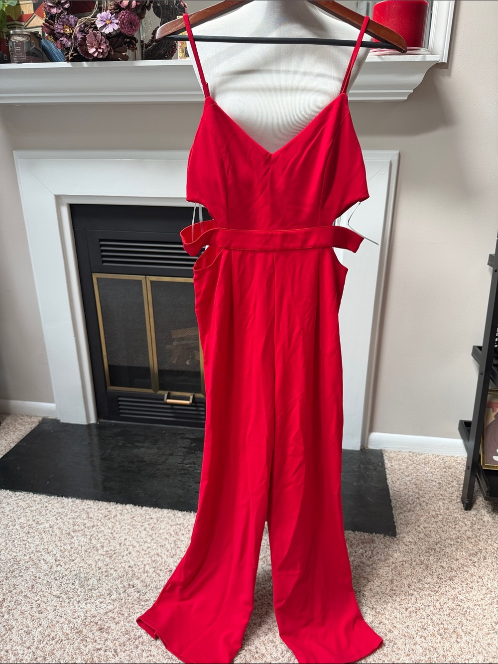 Trixxi Red Spaghetti-Strap Wide-Leg Jumpsuit with Cutout Waist